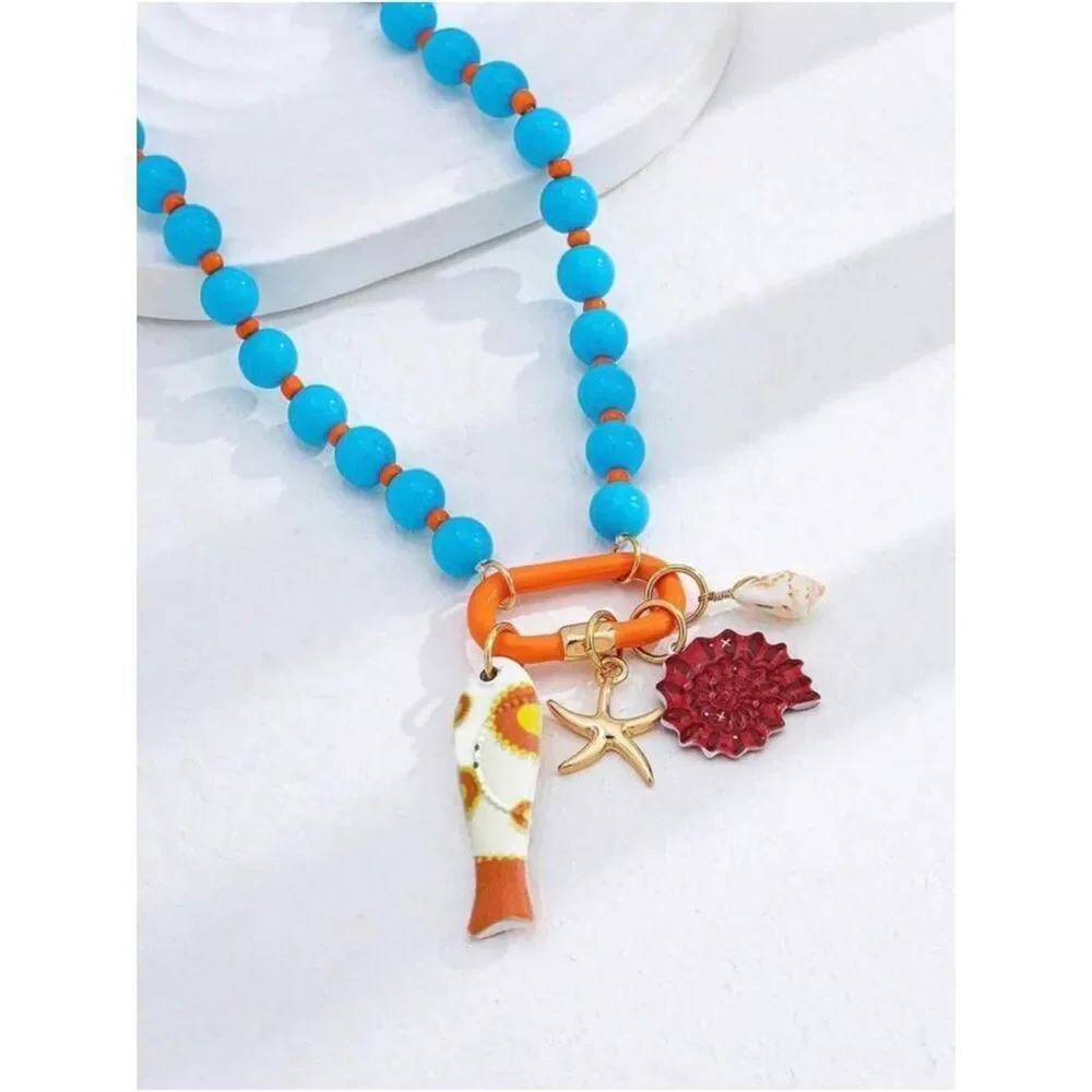 Beaded blue Necklace with Sea Charm A1899